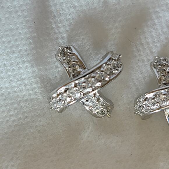 Sterling Silver CZ Earrings 1 Inch Criss Cross X Studs Sparkle Jewelry - Picture 7 of 10